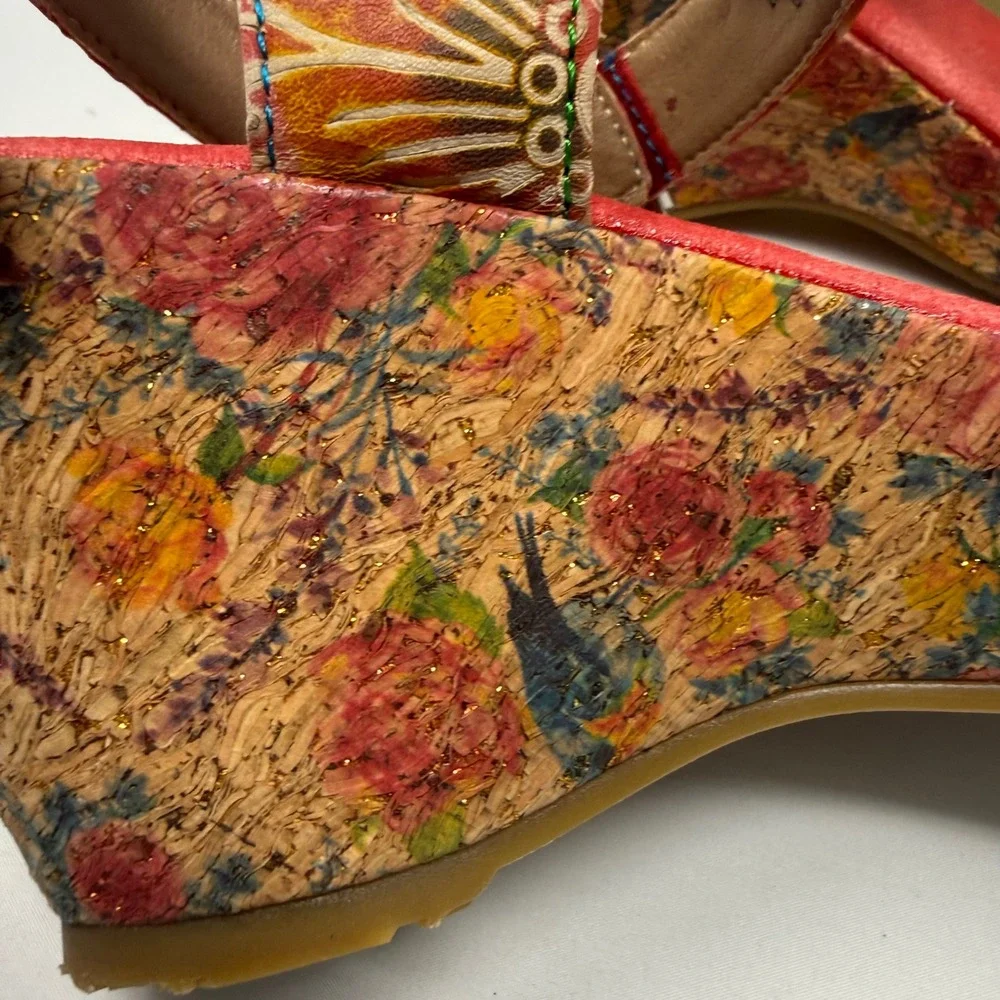 Spring Step L'Artiste Tanaquil Red Leather Wedge Sandals Floral Size 37 6.5-7